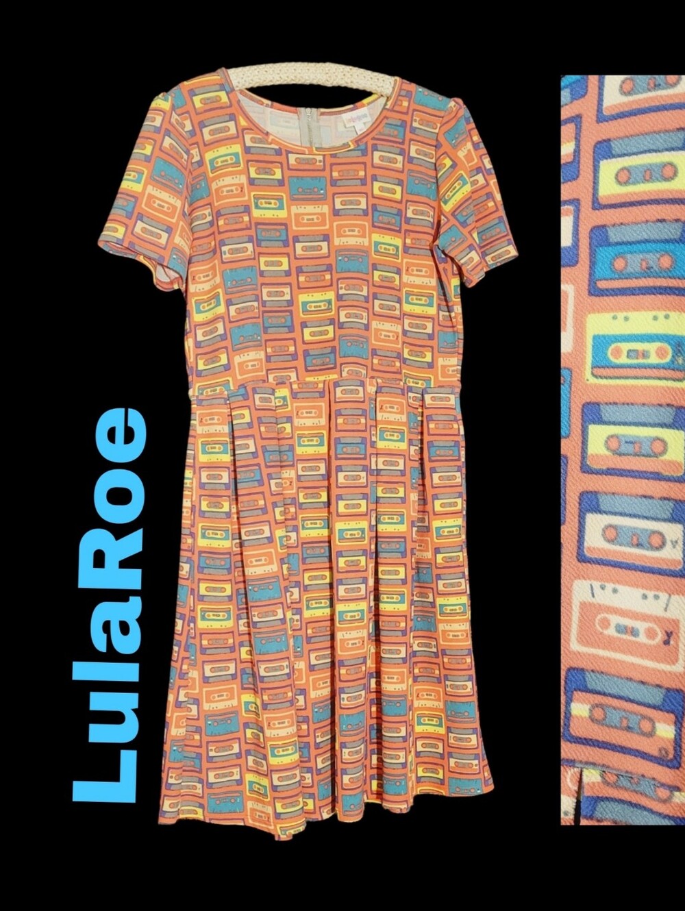 LuLaRoe AMELIA Coral & Blue Retro Cassette Tape Midi Dress XL